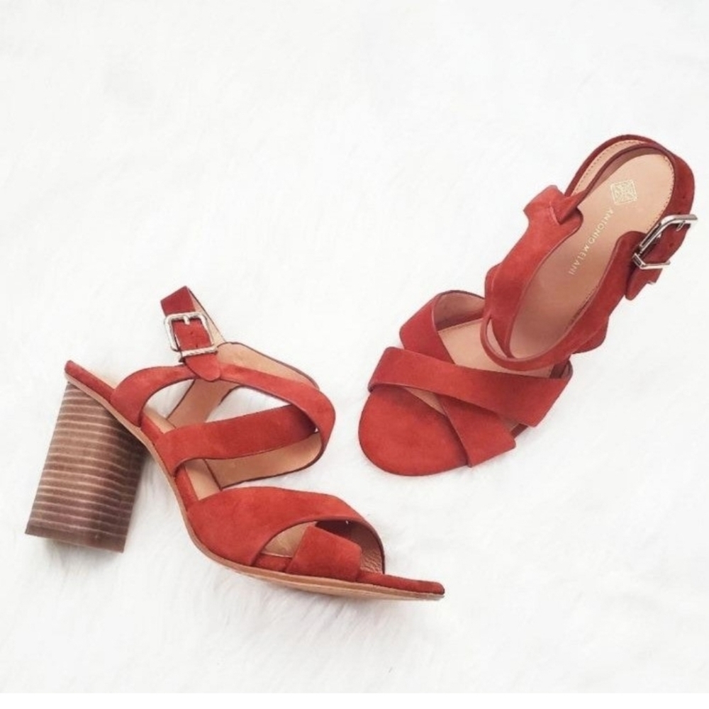Antonio Melani Leather Slingback Crisscross High Heel Block Sandals 10M